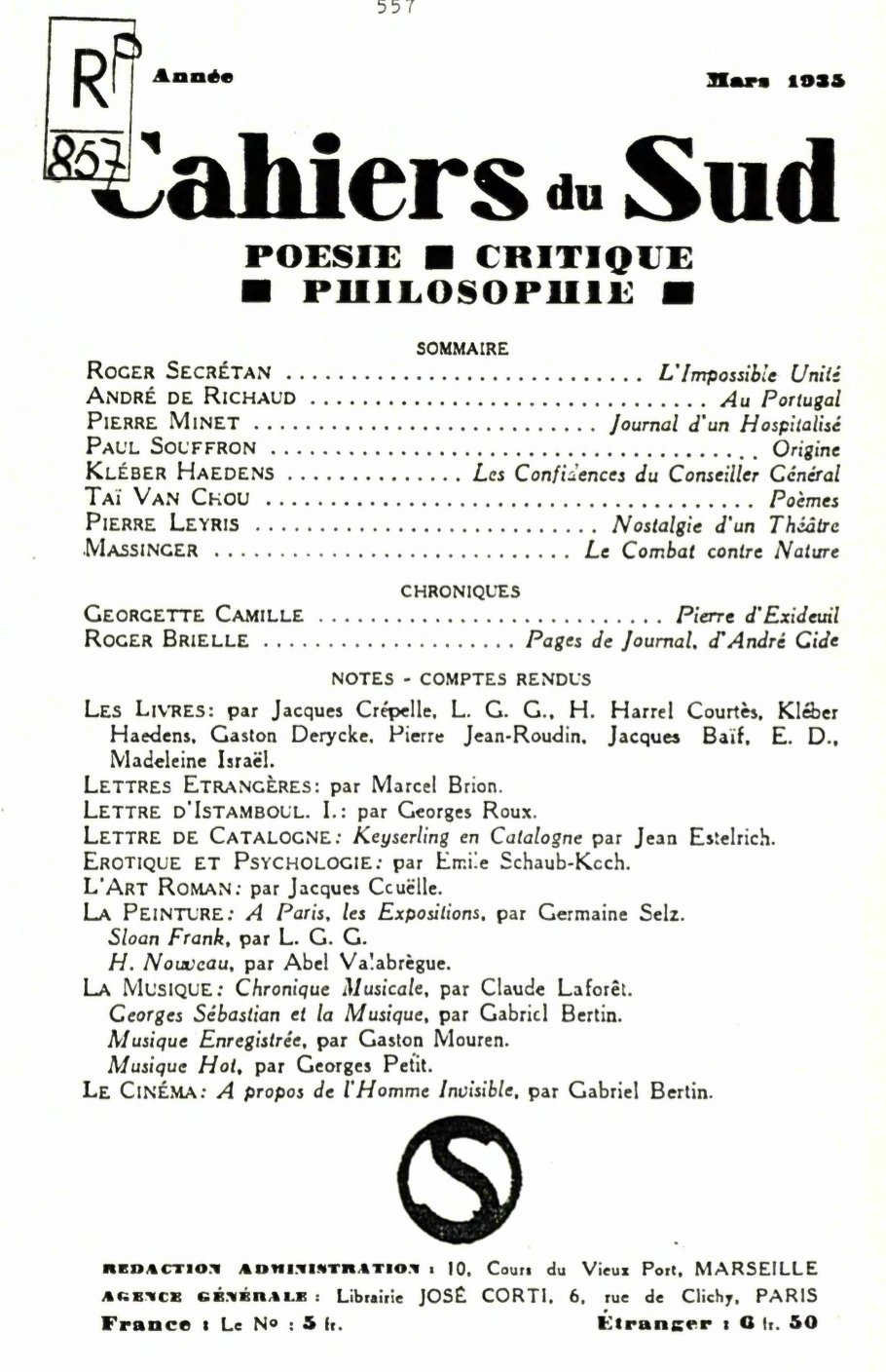 1935年3月號的法國文學月刊《南方文鈔》的目錄頁，由利大英（Gregory Lee）教授提供。這期刊出戴望舒的六首詩，由他自己譯成法文。第六行可見其法文名字：Tai Van Chou。